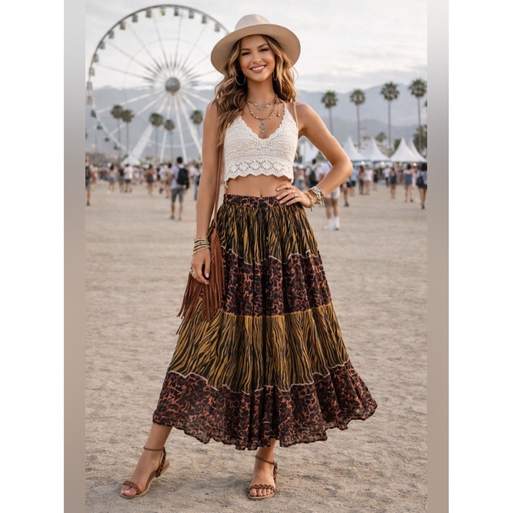 Boho Maxi Broom Skirt S Tiered Animal Print Western Hippie Festival Vacation